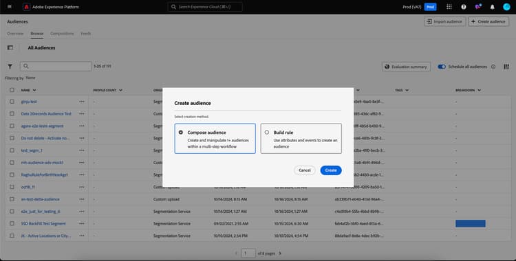 A popover displaying a choice between composing and audience and building rules is displayed.