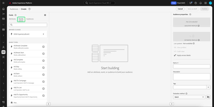 The events section of the Segment Builder UI is highlighted.