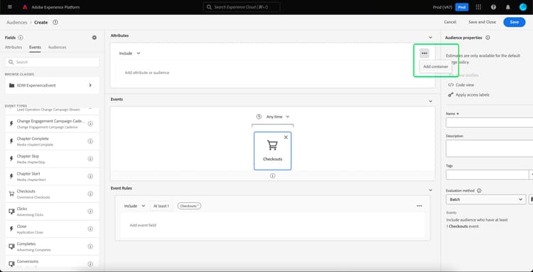 The add container button is highlighted, which lets you add a container as a child of the first container.