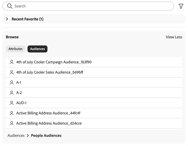 The audiences are displayed within the Browse Fields section.