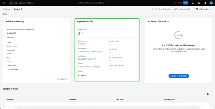 The ingestion details section for the audience details page is displayed.