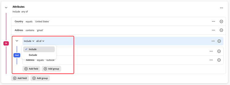 The include and exclude dropdown is highlighted.