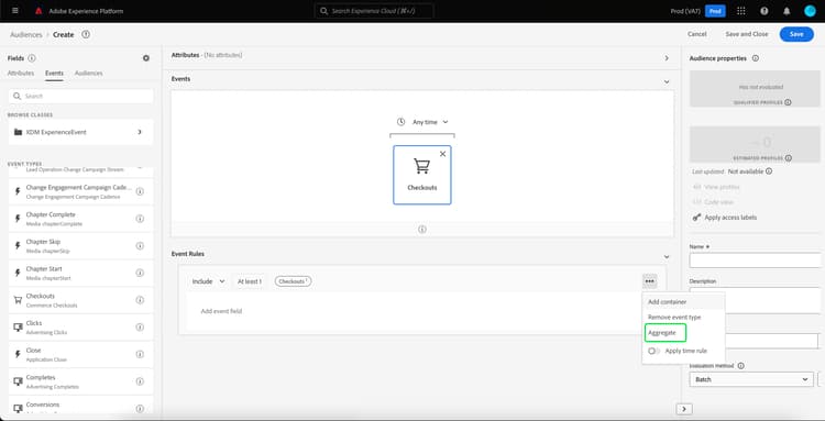 The aggregate text is highlighted. Selecting this lets you select aggregation functions.