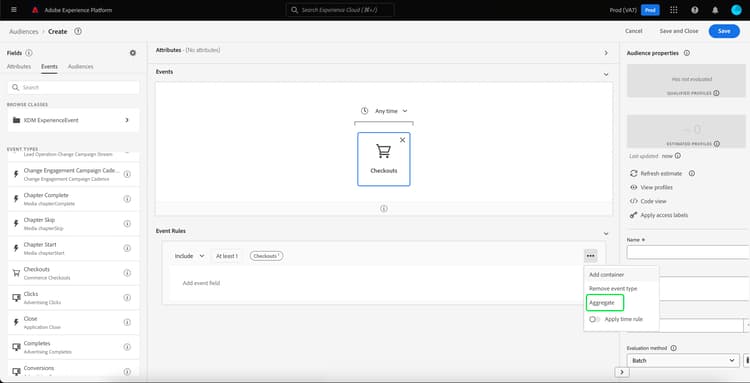 The aggregate text is highlighted. Selecting this lets you select aggregation functions.