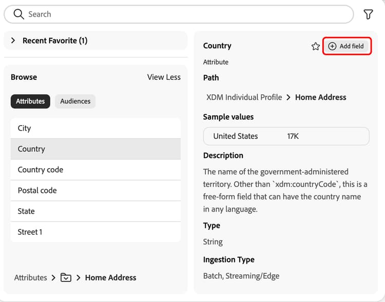 The Add field button is highlighted and is shown along with details of the attribute.