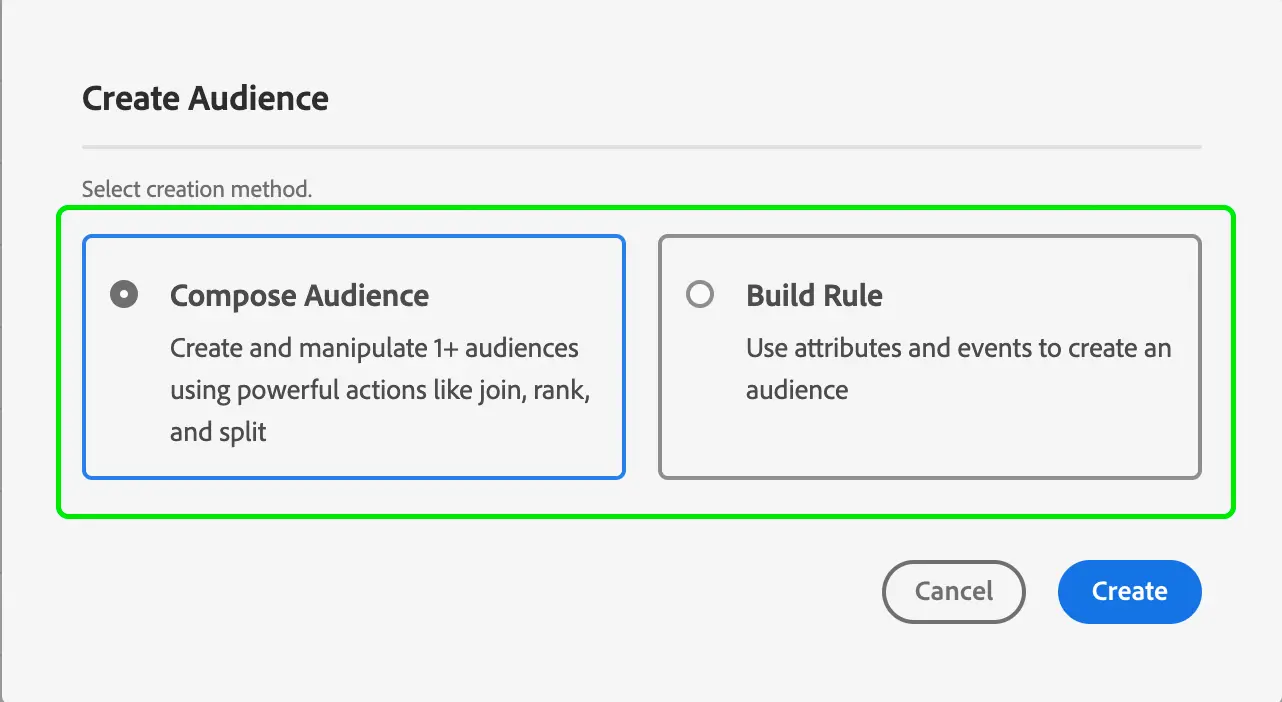 A popover that displays the two types of audiences you can create.