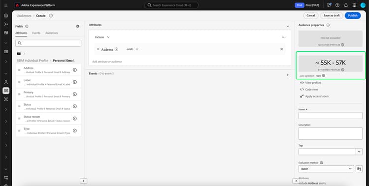 Qualified Profiles and Estimated Profiles are highlighted within the Audience properties section.