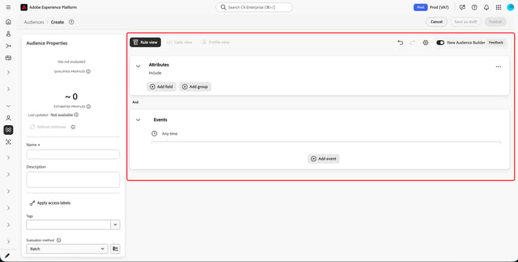 The Rule view is highlighted within Audience Builder.