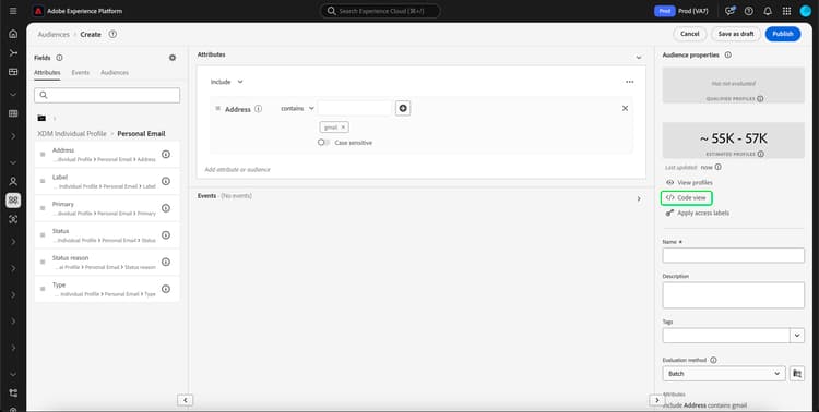 The code view button is highlighted, which allows you to see the segment definition as PQL.