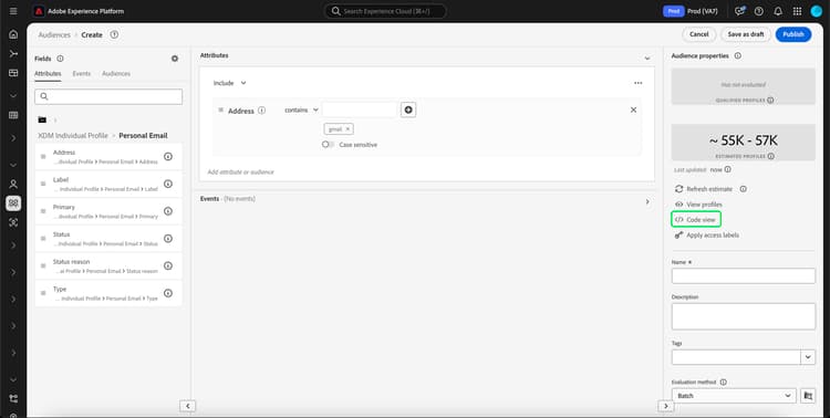 The code view button is highlighted, which allows you to see the segment definition as PQL.