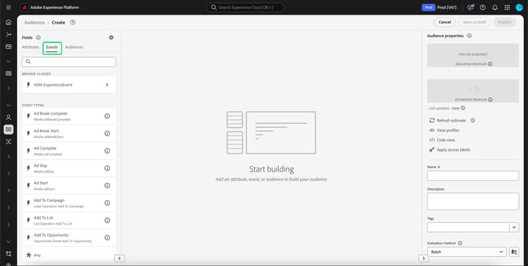 The events section of the Segment Builder UI is highlighted.