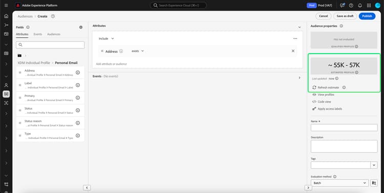 Qualified Profiles and Estimated Profiles are highlighted within the Audience properties section.