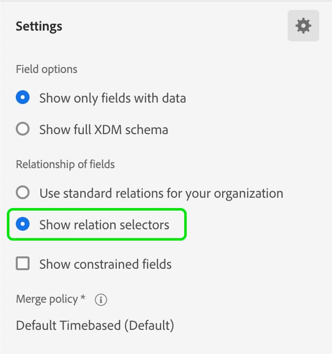 The Show relation selectors toggle is selected within the Relationship of fields section of the Settings tab.