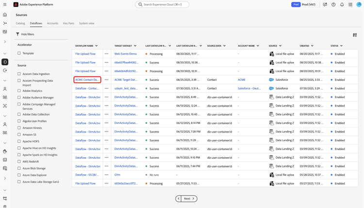 The dataflows interface of the sources workspace in the Experience Platform UI