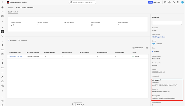 The dataflow view page of the sources workspace.