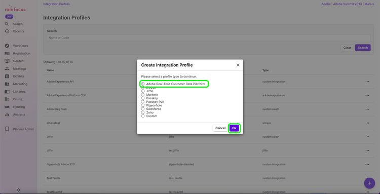 The create integration profile window in the RainFocus UI.