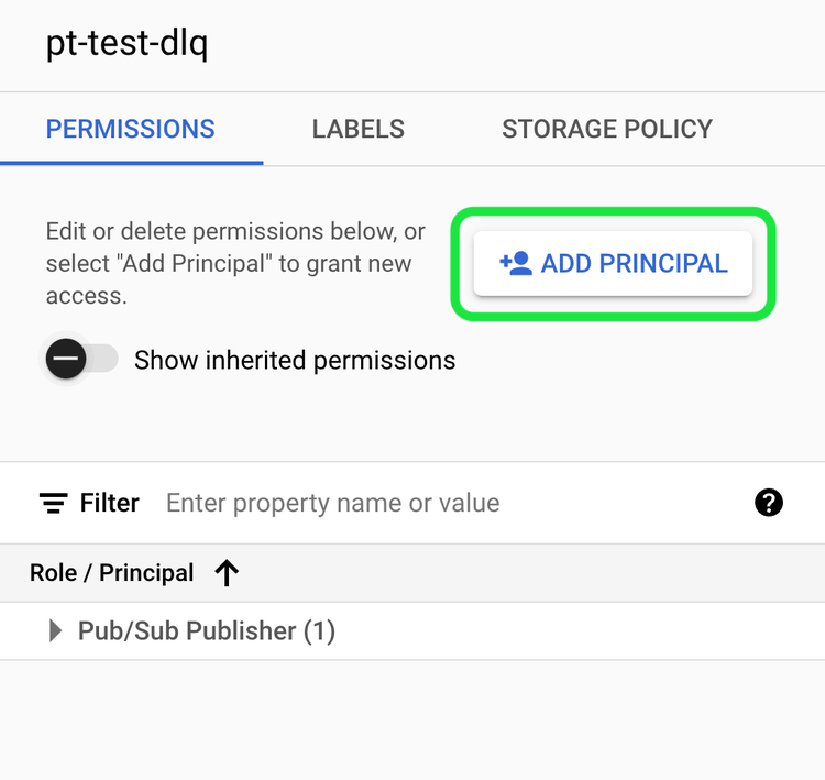 The pop up window in the Google Developer Console where you can grant permissions at the topic and subscription level