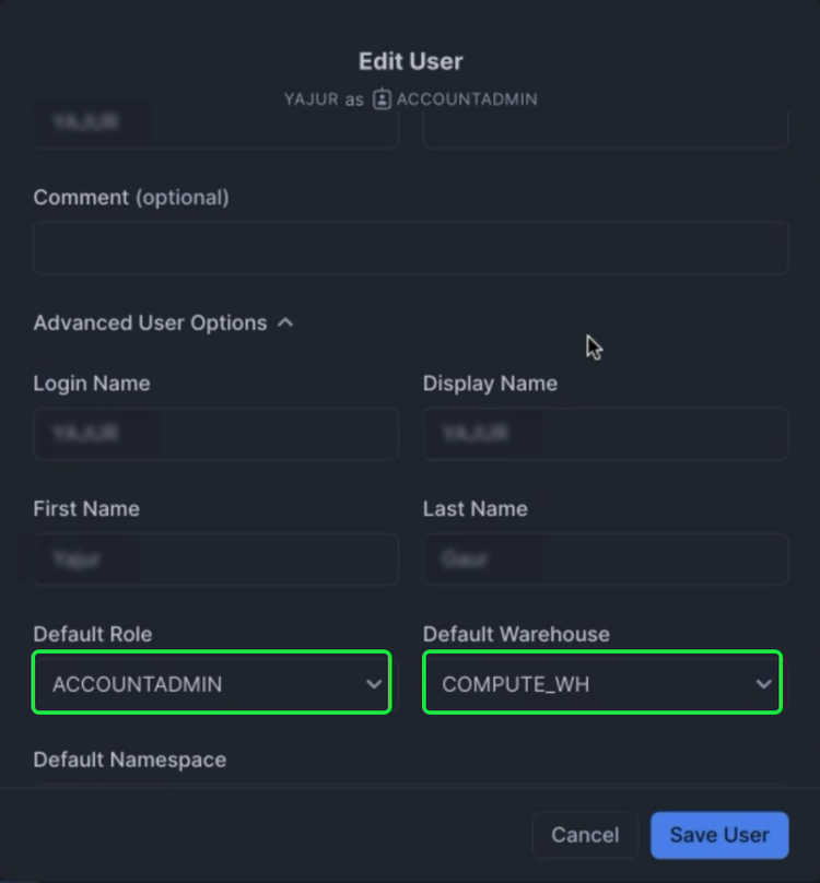 The Snowflake UI where you can verify your role and warehouse.