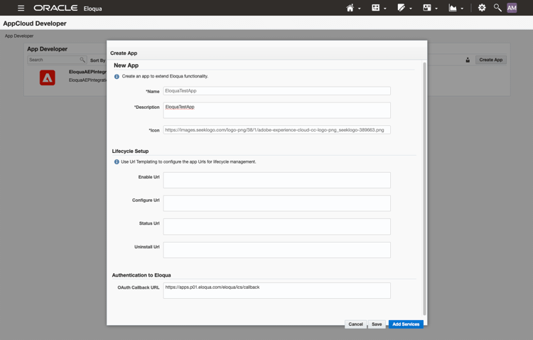 The create app window in Eloqua.