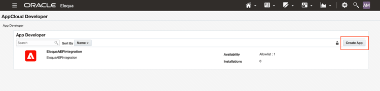 The App Developer panel and the Create App button in the Eloqua dashboard.