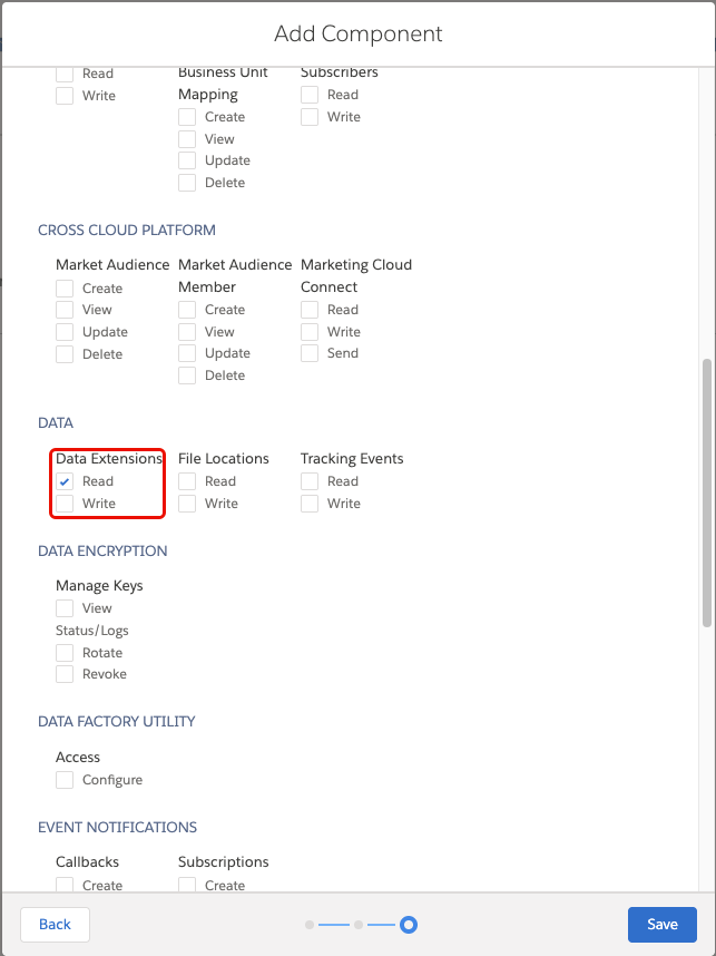 The data extensions section of Scope in Salesforce Marketing