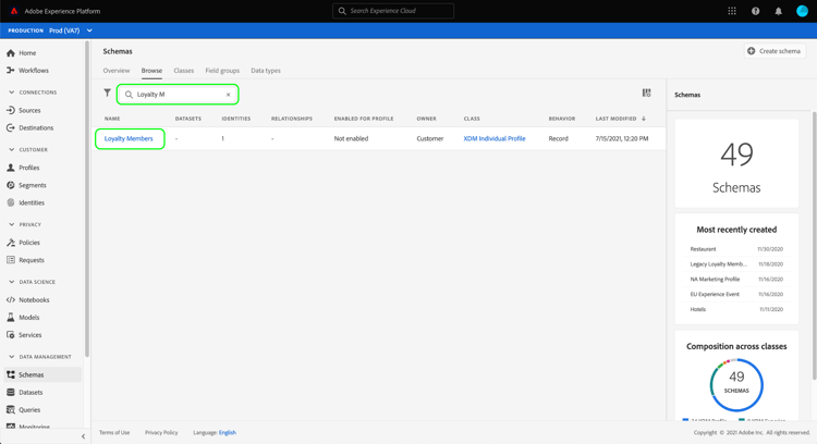 The target schema selection panel of the Mapping interface.