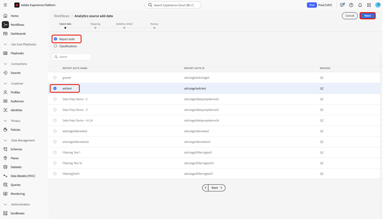 An analytics report suite is selected for ingestion and the "Next" button is highlighted