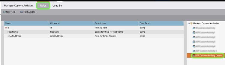 The Marketo Custom Activity Fields Details page in the Marketo Engage UI.