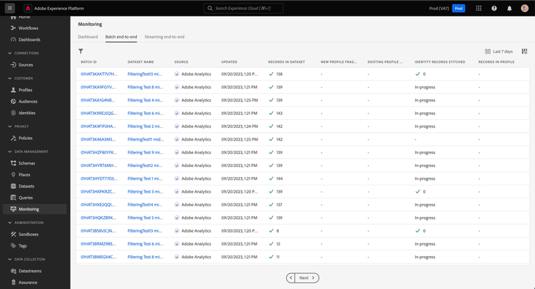 The legacy monitoring page for batch data.