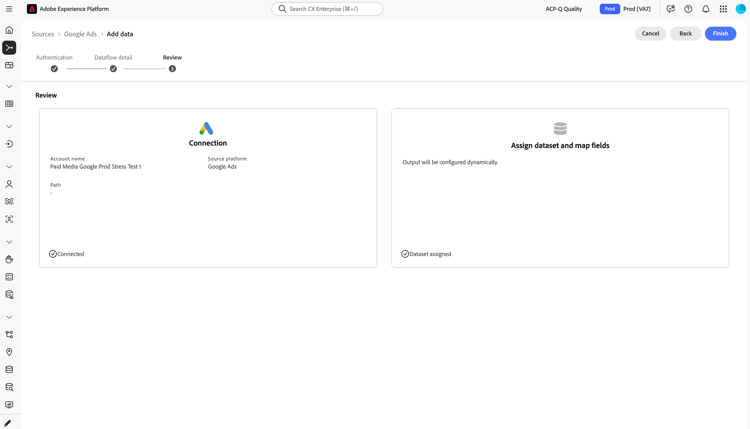 Review step showing the Connection panel with account name, source platform, and path, and the Assign dataset and map fields panel with a Dataset assigned confirmation.
