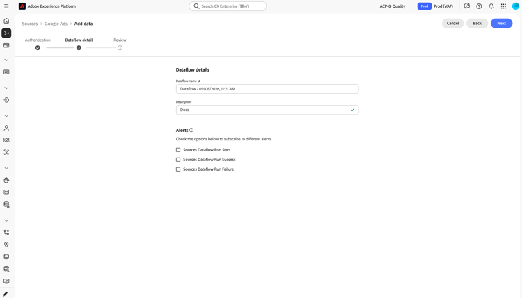 Dataflow details step showing fields for dataflow name and description, and checkboxes to subscribe to Sources Dataflow Run Start, Success, and Failure alerts.