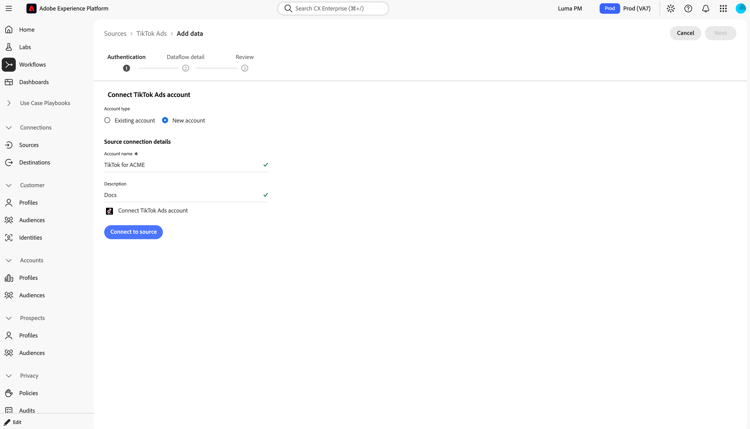 The Authentication step with New account selected, Account name and Description fields, and the Connect to source button.