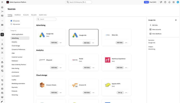 Sources catalog Advertising category showing a Google Ads (Beta) card, the selected Google Ads card without a Beta label, and a Meta Ads card, with the Google Ads details panel showing Add data, View accounts, and View dataflows options.