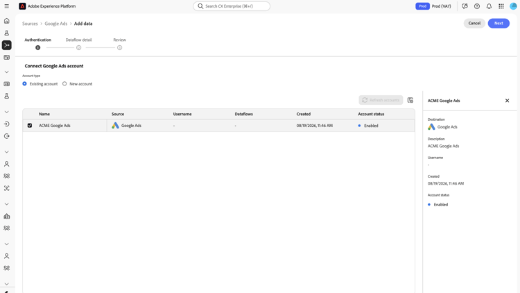 Connect Google Ads account page with Existing account selected, showing a table listing an existing Google Ads account with its source, dataflows, creation date, and Enabled status.