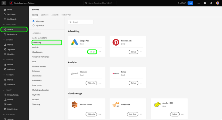 The sources catalog in the Experience Platform UI.