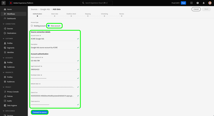 The new account interface in the sources workflow.