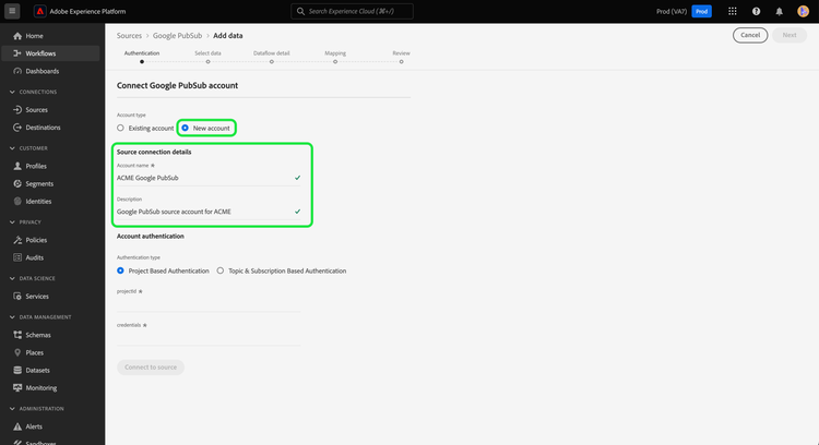 The new account interface for the Google PubSub source in the sources workflow