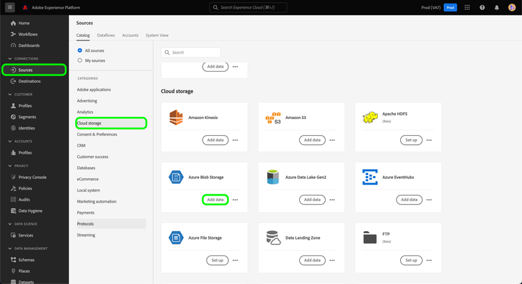 The Experience Platform sources catalog with the Azure Blob Storage source selected.