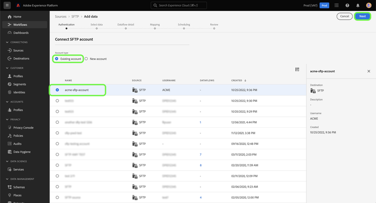 A list of existing SFTP accounts on the Experience Platform UI.