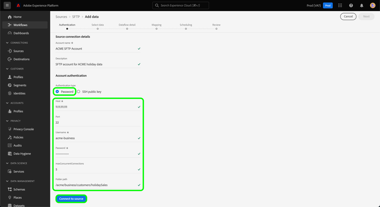 The new account screen for the SFTP source using basic authentication