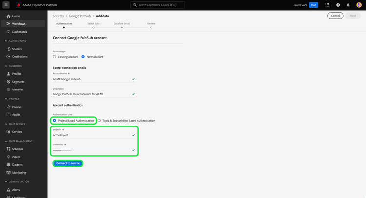 The new account interface for the Google PubSub source with root access selected.