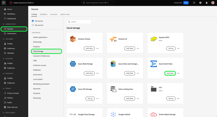 The sources catalog with Azure Event Hubs selected.