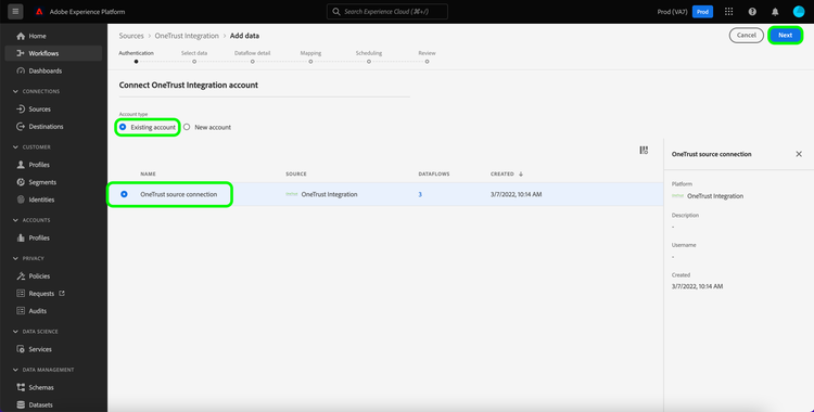 The existing account authentication step in the sources workflow.