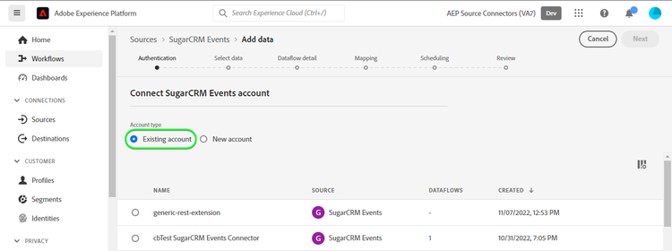 Platform UI screenshot for Connect SugarCRM Events account with an existing account