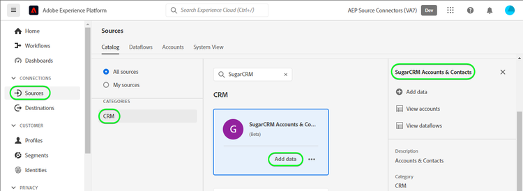 Platform UI screenshot for catalog with SugarCRM Accounts & Contacts card