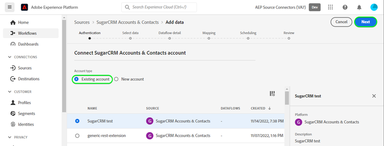 Platform UI screenshot for Connect SugarCRM Accounts & Contacts account with an existing account