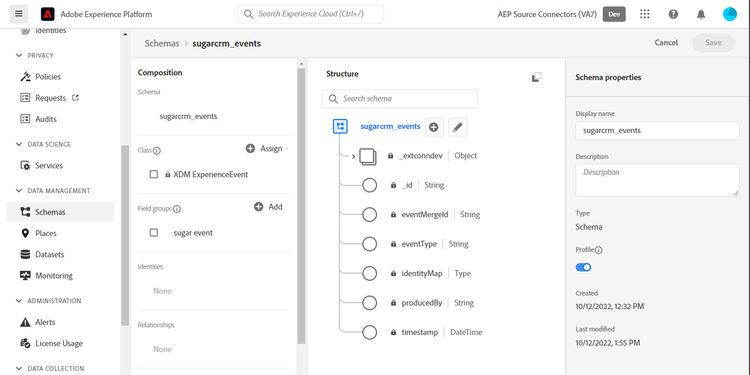 Platform UI screenshot showing an example schema for SugarCRM Events