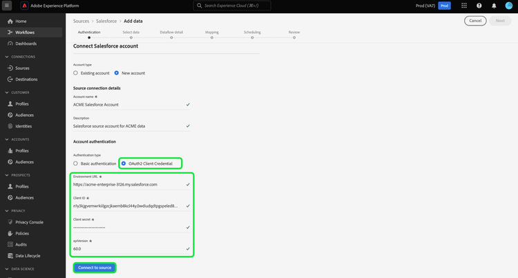 The OAuth interface for Salesforce account creation.