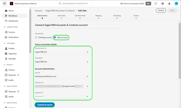 Platform UI screenshot for Connect SugarCRM Accounts & Contacts account with a new account