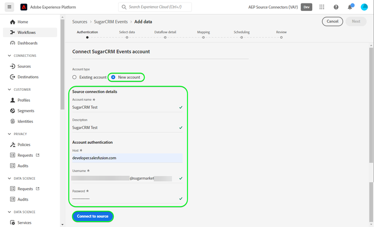 Platform UI screenshot for Connect SugarCRM Events account with a new account